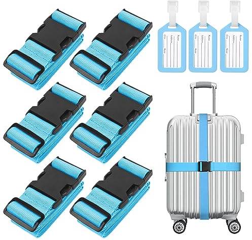 Flintronic 6-Stück Premium Gepäckgurt Koffergurt Kofferband Einstellbare rutschfest Gepäckband Lang kofferbänder Luggage Strap + 3 Stück Kofferanhänger Sicher Reisen für Koffer - Blau