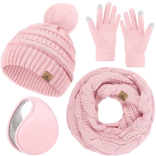Wintermütze, Schal, Handschuhe und Ohrenwärmer, warme Strickmütze, Touchscreen-Handschuhe, Set, Wintergeschenke, Halstücher für Damen, Helles Pink, 5 1/8-7 7/8