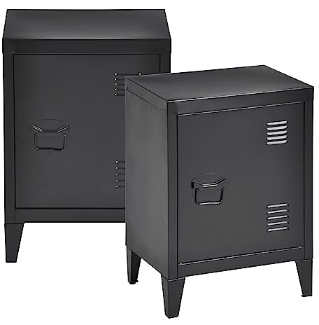 [en.casa] Nachttisch Inari Nachtschrank 2er Set Schwarz Nachtkästchen mit Einer Schranktür Sofatisch Türgriff Links Metall Nachtkommode 57 x 40 x 30 cm Büroschrank