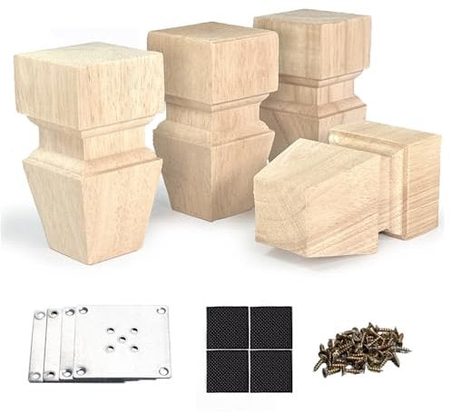 Aiminjey 4.72 Inch/12 cm Wooden Furniture Legs with Mounting Plates Screws Set of 4 Solid Wood Unfinished Replacement Furniture Feet for Couch Cabinet Sofa Dresser TV Stand Bed Home DIY Projects