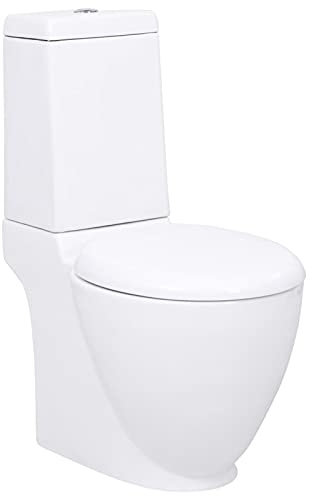 Homgoday Inodoro de cerámica moderno con función de cierre suave, con asiento de descenso automático, inodoro redondo, salida vertical, color blanco