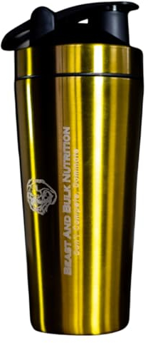 Beast&Bulk Nutrition Mixball Shaker | Shaker for Protein Shakes | Wire Mixball Whisk | Non-Drip Screw Lid | Gold Colour | 700 ml | Stainless Steel | Laser cut design
