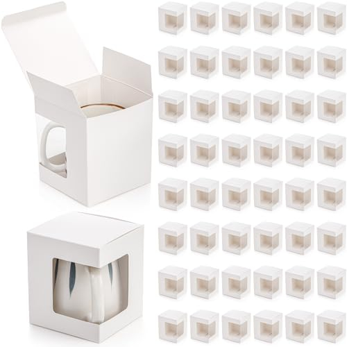 AVLA 50 Pack Gift Boxes for Sublimation Mugs, 4.3x4.3x5'' Small White Packaging, 12OZ 15OZ Transparent Cups Wrapping With Clear View Window, Cupcake Christmas Ornament Box for Wedding