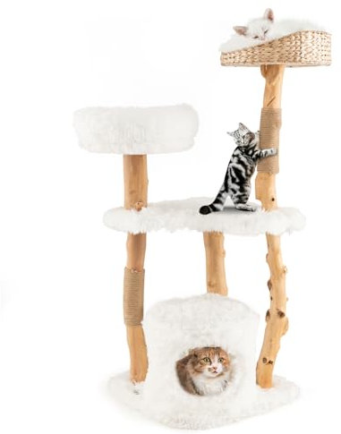 COSTWAY Arbre a Chat XXL 124 cm, Arbre a Chat Bois en Poireir, Design Tronc, 2 Poteaux à Griffer en Jute, 3 Plateformes, Condo Privé, Tour pour Chaton à 5 Niveaux, 124 x 48 x 48 cm