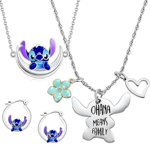 SANCHYA Cartoon Halskette, 3pcs Schmuck Anime Set, Cartoon Anhänger Halskette, Cartoon Ohrringe für Kinder, Ohrringe für Mädchen, Anime Ohrringe, Anime Halskette Schmuck (Blau B)