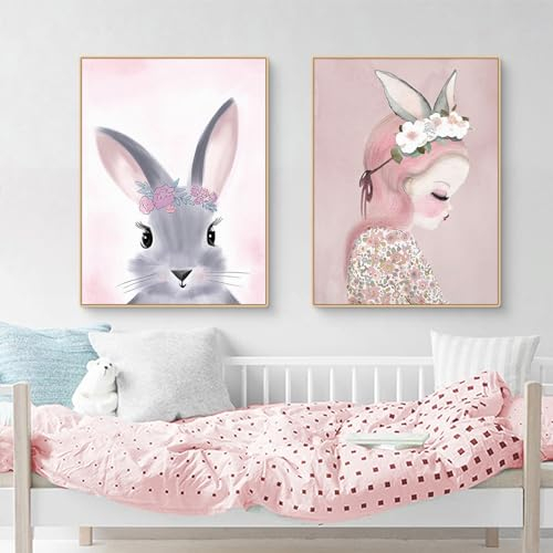 Trayosin 2er Poster Set Kinderzimmer Deko Waldtiere Poster Decor, Kaninchen Mädchen Babyzimmer Deko, Wohnzimmer Kinderbilder Deko Mädchen und Jungen (50x70cm)