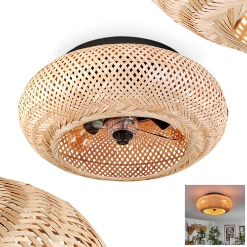 HOFSTEIN Ventilatore da soffitto Bauro, ventilatore in metallo/bambù, colore nero/naturale, con telecomando, funzione su/giù e effetto luce sul soffitto, plafoniera a 4 luci, diametro 50 cm, 4 x E27,