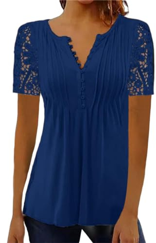 BISKAMY Tops for Women UK V Neck Summer Short Sleeve T-Shirt Lace Floral Printed Tunic Blouse Shirts Plus Size Casual Elegant Ladies Tops