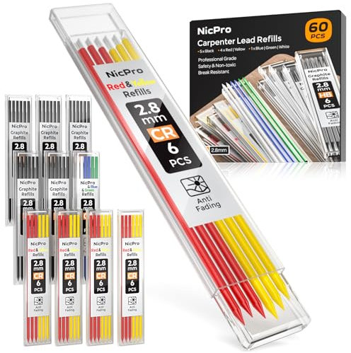 Nicpro 60 recambios de minas para lapiz carpintero, 2,8 mm minas resistentes a la rotura de HB para portaminas de construcción, portaminas para madera (negro, rojo, amarillo, verde, azul,blanco)