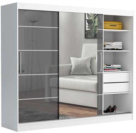 Brent - Kleiderschrank mit Spiegel und Schubladen 235cm Breit Chelsea Tomy, Schwebetürenschrank mit Spiegelr, Schlafzimmerschrank, Kleiderschrank Weiß Matt/Schwarz Hochglanz