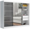 Brent - Kleiderschrank mit Spiegel und Schubladen 235cm Breit Chelsea Tomy, Schwebetürenschrank mit Spiegelr, Schlafzimmerschrank, Kleiderschrank Weiß Matt/Schwarz Hochglanz