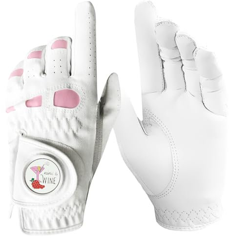 AMRTA Golfhandschuhe für Damen, linke und rechte Hand, Leder mit Ballmarker, 1 Stück, Damen-Golfhandschuh für Rechts- und Linkshänder, atmungsaktiv, Allwetter-Griff (L, links)
