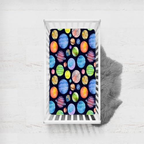 Odot Spannbetttuch für Babybett, Planet Muster Kinderbett Spannbettlaken Kinderwagen Moseskorb Matratzenbezug Atmungsaktive Mikrofaser Beistellbett Spannbettlaken (65x95cm,Planet)