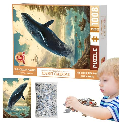LearnLyrics Weihnachtspuzzle-Adventskalender 2024 - 1008 Teile Puzzle-Kalender, 6 Tage Weihnachts-Countdown | Blaue Wale, Puzzle-Spielzeug Weihnachtsgeschenke für Teenager und Erwachsene