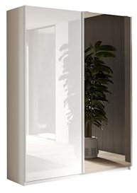 möbelando Schwebetürenschrank >Salva< 2 Böden, 2 Stangen, Spiegel, Weiß Hochglanz/Weiß - 180x210x55cm B/H/T