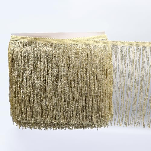 WANYI 10 Yards 15cm Breite Fransenborte Pailletten Fransen Quaste Seide Quastenborte Fransenbesatz Fransenband Tanzfransen Nähzubehör für Lateinisches Tanzkleid, Bühnenkleidung, Apparel(Dunkelgold)