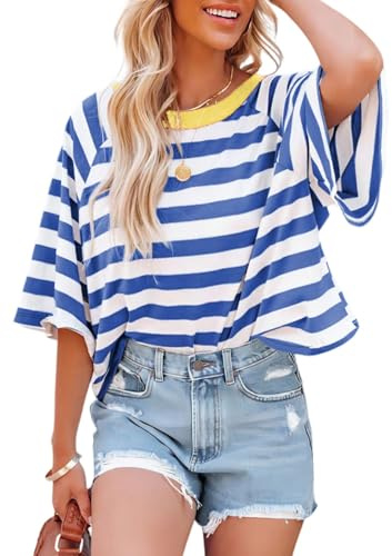 Dokotoo Trendy Tops for Women 2026 Summer Striped Shirt Women Short Sleeve Shirts for Women Dressy Casual Womens Tops Color Block Crew Neck Women's Blouses