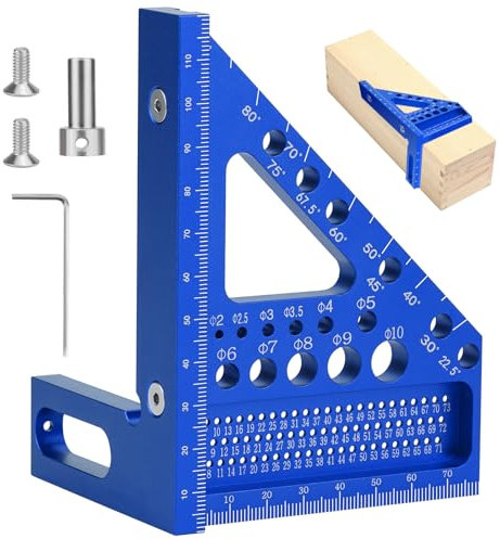 POFIBO Zimmermannswinkel Winkelmesser Anschlagwinkel - 22,5-90 Grad Aluminiumlegierung 3D-Gehrungswinkel, inkl. Tieflochmarker, für präzises Anreißen und Zeichnen, für Schreiner und Ingenieure (Blau)