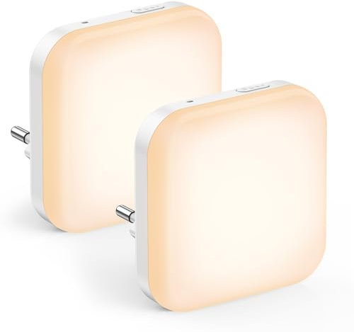 NIWOHOM Luz Nocturna Infantil Enchufe, 2 Piezas Nocturna LED para Habitación con Sensor, 3 Niveles de Brillo, Lampara Bebe Noche para Baño, Armario, Pasillos, Dormitorio, Sala, Blanca Cálid