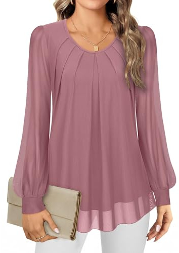 Gemulate Womens Tops Blouses for Women UK Pink Long Sleeve Shirts Party Tops for Women UK Ladies Chiffon Evening Top Pink, XL