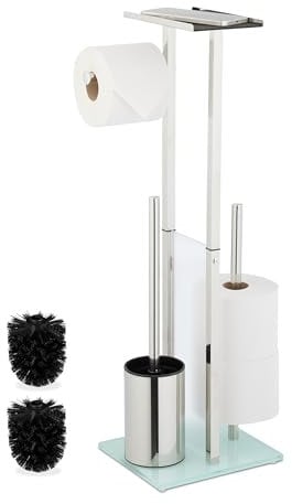 Relaxdays Toilet Roll Holder and Brush Set, Freestanding, Stand with Shelf, HWD: 66x24x18 cm, Stainless Steel, Silver