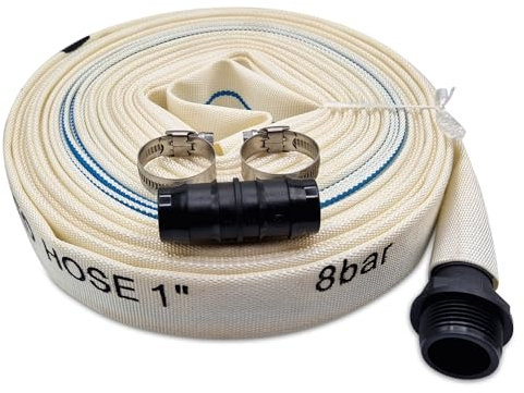 MYPURECORE Heavy Duty Layflat Discharge Hose Pipe Set – 10m / 15m / 20m / 30m x 25mm – 8 Bar High Pressure Nylon Water Pump Hose with Joiner, Clips & Pond Connector – Flood, Drainage Use (10m)
