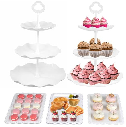 5 Piece Cake Stand Set with 2x 3-Tier Cupcake Stands + 3X Appetizer Trays Perfect for Wedding Birthday Baby Shower Thanksgiving Christmas New Year Party (White)