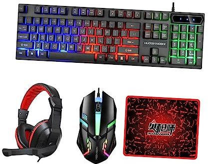KOMBIUDA 1 Set Tastiera Illuminata Mouse Ergonomico Tappetino Antiscivolo e Cuffie Gaming Design Comfortevole e Materiali Resistenti per Sessioni Prolungate