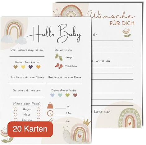 20 Ratespielkarten für Babypartys - Spiele für Gender-Reveal-Party und Babyshower, Tippkarten für Baby Mädchen und Jungen (Boho Tiere)