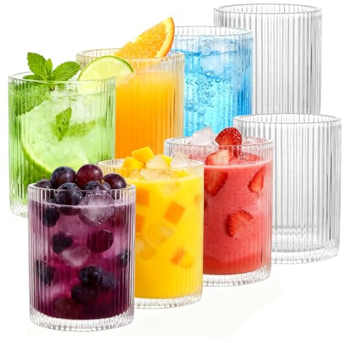 CYEER 8er Set Geriffelte Gläser (250ml) – Vintage Trinkgläser im Origami-Design – Elegante Wassergläser & Cocktailgläser für Eiskaffee, Whisky, Gin & Saft – Spülmaschinenfest