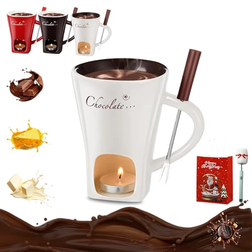 Liocwocne Chocolate Fondue Mug, Mini Chocolate Melting Cup with Fork, Ceramic Melting Cups Heated with a Tealight, Portable Cute Fondue Cup Set for Date Night Birthday Wedding Gifts (1PCS-White)