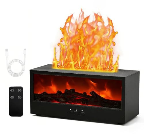Difusor de Aromas con Chimenea 3D, 150ml Humidificador Aceites Esenciales con 7 Colores de Luces y Mando a Distancia, 3 Temporizadores, Apagado Automático, para Dormitorio Oficina - Negro