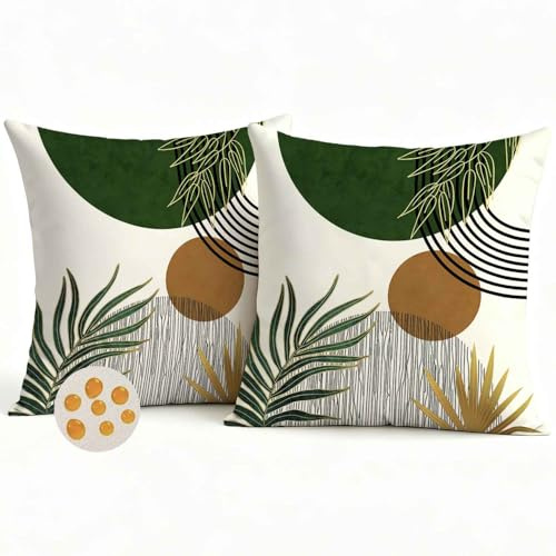 Avalune Outdoor Kissenbezug 40x40 Wasserfest Kissen Bezug Grün Beige Dekokissenhülle Wasserdichtes Boho Geometrische Tropische Blätter Gartenkissen Kissenbezüge für Garten Sofa Terrasse 2er Set