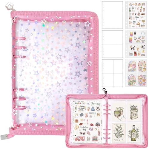 A5 Sticker Sammelalbum, 70 Seiten, 360 Fächer, Ringbuch mit Reißverschluss | PUYUKO Sticker Organizer und Sammelordner mit transparenten Hüllen für Fotokarten, Sammelkarten, Fotos und Postkarten, Rose