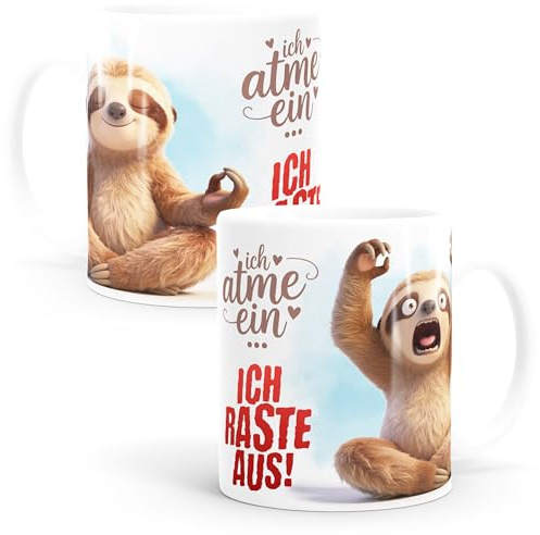 MoonWorks® Tasse Faultier Spruch - Ich atme ein, ich raste aus -Bürotasse, lustige Kaffeebecher für Home Office - Geschenkidee Kollegen - Keramik Weiss standard