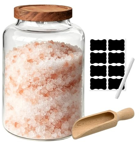 GANILITY Bath Salt Jar, 2L Glass Bath Salt Jar with Scoop and Wooden Lid, Large Bathtub Jars With Label, Bathroom Decor and Accessories, for Storing Laundry Soap, Bathsalts and Powders