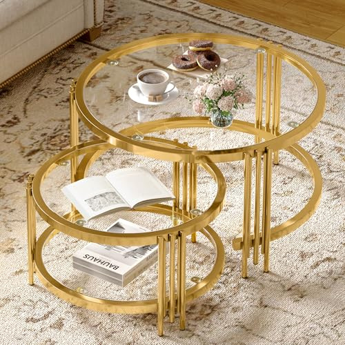 okwish Rund Glas Couchtisch 2er Set - Glastisch Runden Set mit Goldenes Orgelrohr-Design, Wohnzimmertisch Gold 80x80