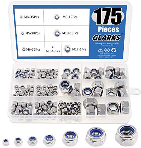 Glarks - Kit surtido de tuercas de acero inoxidable 304 con cierre de nailon, 175 unidades, M3, M4, M5, M6, M8, M10 y M12