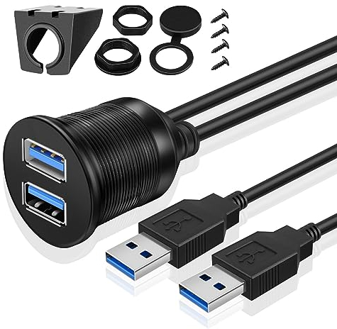 TNP USB Einbaubuchse - 1m Kfz 3.0 Verlängerungskabel, Runder Armaturenbrett Adapter Mit 2x Stecker Auf 2x Buchse für Auto, LKW, Boot, Motorrad, Schwarz