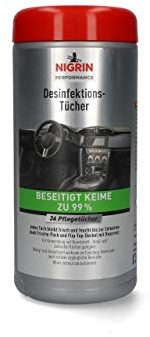 NIGRIN Desinfektions-Tücher, Feuchttücher für Kunststoff- und Vinyloberflächen im Fahrzeug-Innenraum, Spenderbox mit 36 Stück