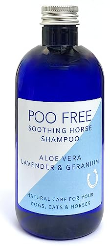 99% Naturel - SHAMPOOING APAISANT pour Cheval - Aloe Vera, GÉRANIUM & Lavande - 250ml - par POO FREE - sans Sulfates, sans Parabènes, sans Silicone. Concentré, Nettoie, Apaise, Hydrate, Soulage.