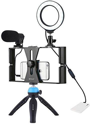 PULUZ 4 in 1 Vlogging Live Broadcast Smartphone Video Rig + 11,7 cm Ring LED Selfie Licht Kits mit Mikrofon + Stativhalterung + Cold Shoe Stativkopf für Smartphone (Blau)