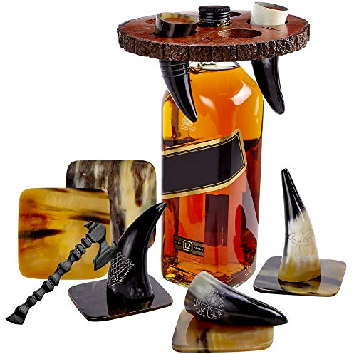 Viking Culture Viking Horn Drinking Cup Shot Glasses with Vintage Axe Bottle Opener, Coasters, and Rustic Wood Display Stand, Toasting Vessels for Party, Event, Bachelors