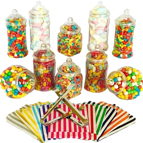 Truly Sweet Candy 10 Plastic Sweet Jars, 5 styles, 2 tongs, 50 bags Buffet (Blue)