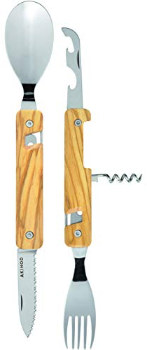 akinod - Posate multifunzione 13H25 Miroir in legno di ulivo - Posate pieghevoli in acciaio inox - Montaggio magnetico - Nomad, posate compatte - 6 funzioni tra cui cavatappi e apriscatole