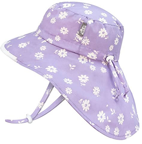 Jan & Jul Cotton Sun Protection Kids Beach Hat with Big Neck Flap (XL: 6-12 Years, Purple Daisy)