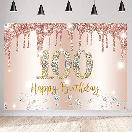 Toile de fond décorative pour fête d'anniversaire 100e anniversaire - Bannière pour femme Happy 100 years old - Toile de fond rose pailleté pour photographie de 100e anniversaire - 150 x 90 cm