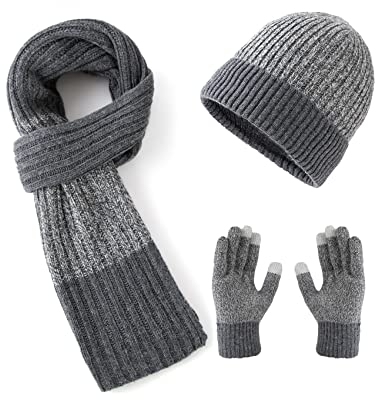 Lallier Winter 3-teiliges Herren Wolle Mütze Schal Handschuhe Set, Warmes Beanie Skull Cap Schal Thermohandschuh Set für Herren, Grau