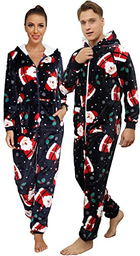 QIYUANT Pigiama di Coppia Natale con Cappuccio Flanella in Pile Caldo Cerniera Intera Autunno Inverno Primavera Adulto Tuta Monopezzo con Tasche (Uomo Babbo Natale Blu L)