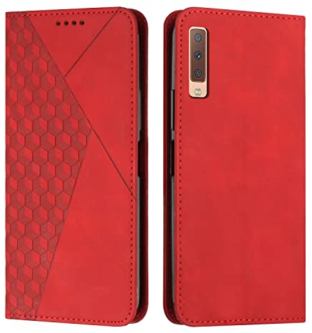 KOUYI Kompatible mit Samsung Galaxy A7 2018 / A750 Hülle, Retro Premium PU Leder Weich TPU Klapphülle Kartenfächer Magnetic Standfunktion Flip Wallet Shockproof Handyhülle (Rot)